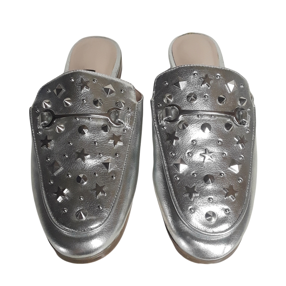 NINE WEST Metallic Silver Star Multi Shape Studded Loafer Flats 6